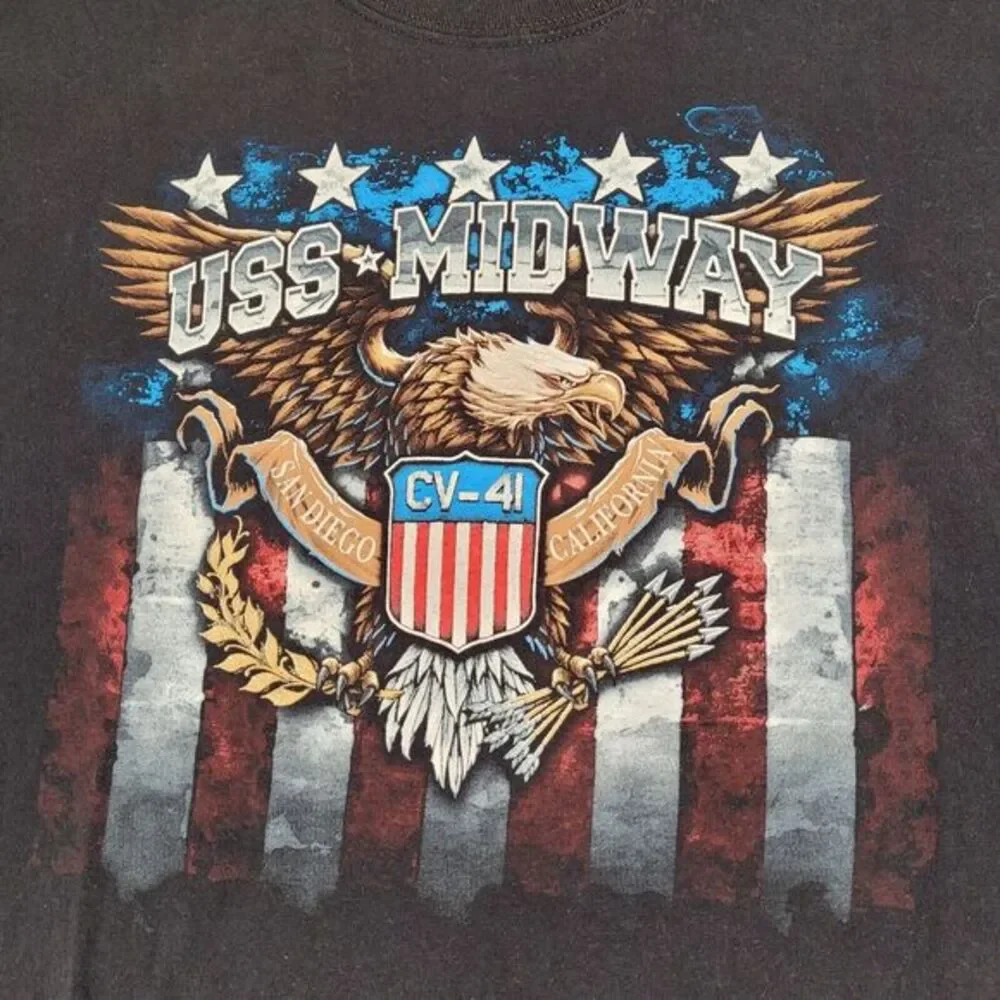 USS Midway CV-41 San Diego Graphic Print Vintage‎ T-Shirt Black Mens Size 2XL
